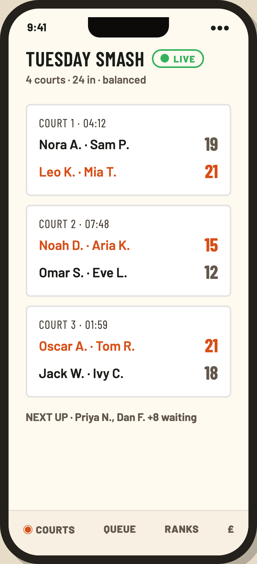 The live court board on a phone