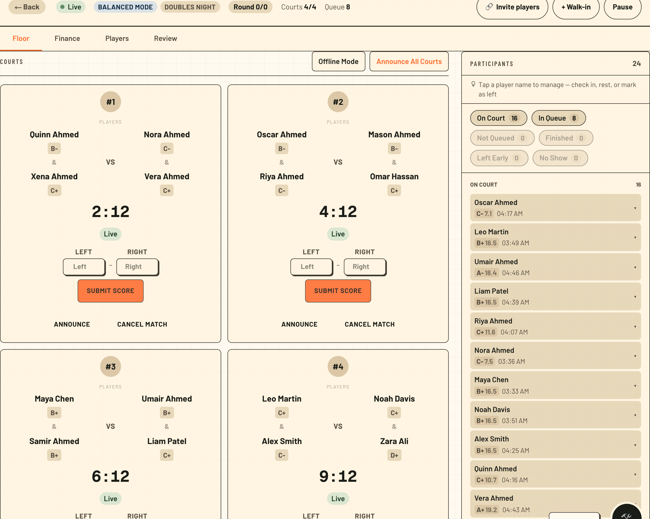 The live club-night console — four courts, live scores, the queue